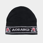 Black knitted Māori Iwi beanie with a white and red border pattern, and white lettering spelling "Aorangi" across the front.