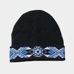 Black knitted beanie with blue and white Māori Tāniko design stitched into the turned up band.