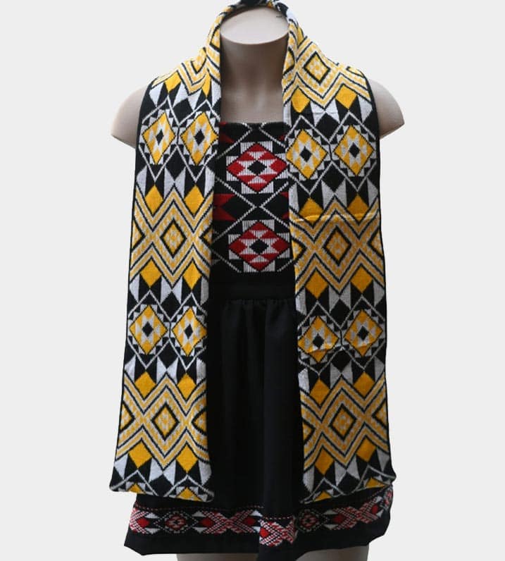 Warm knitted Māori scarf showcasing Kapa Haka Makers' distinctive Tāniko design in yellow, black, and white.