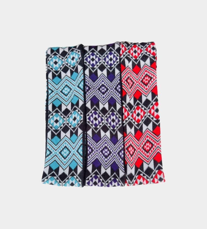 Warm knitted Māori scarf showcasing Kapa Haka Makers' distinctive Tāniko designs in a variety of colours.