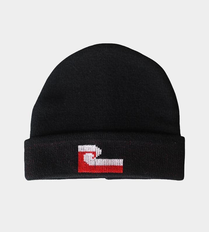 Black knitted beanie with the Māori Tino Rangatiratanga Flag stitched into the turned up band.